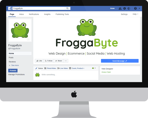 Mac screen showing the Facebook page for FroggaByte